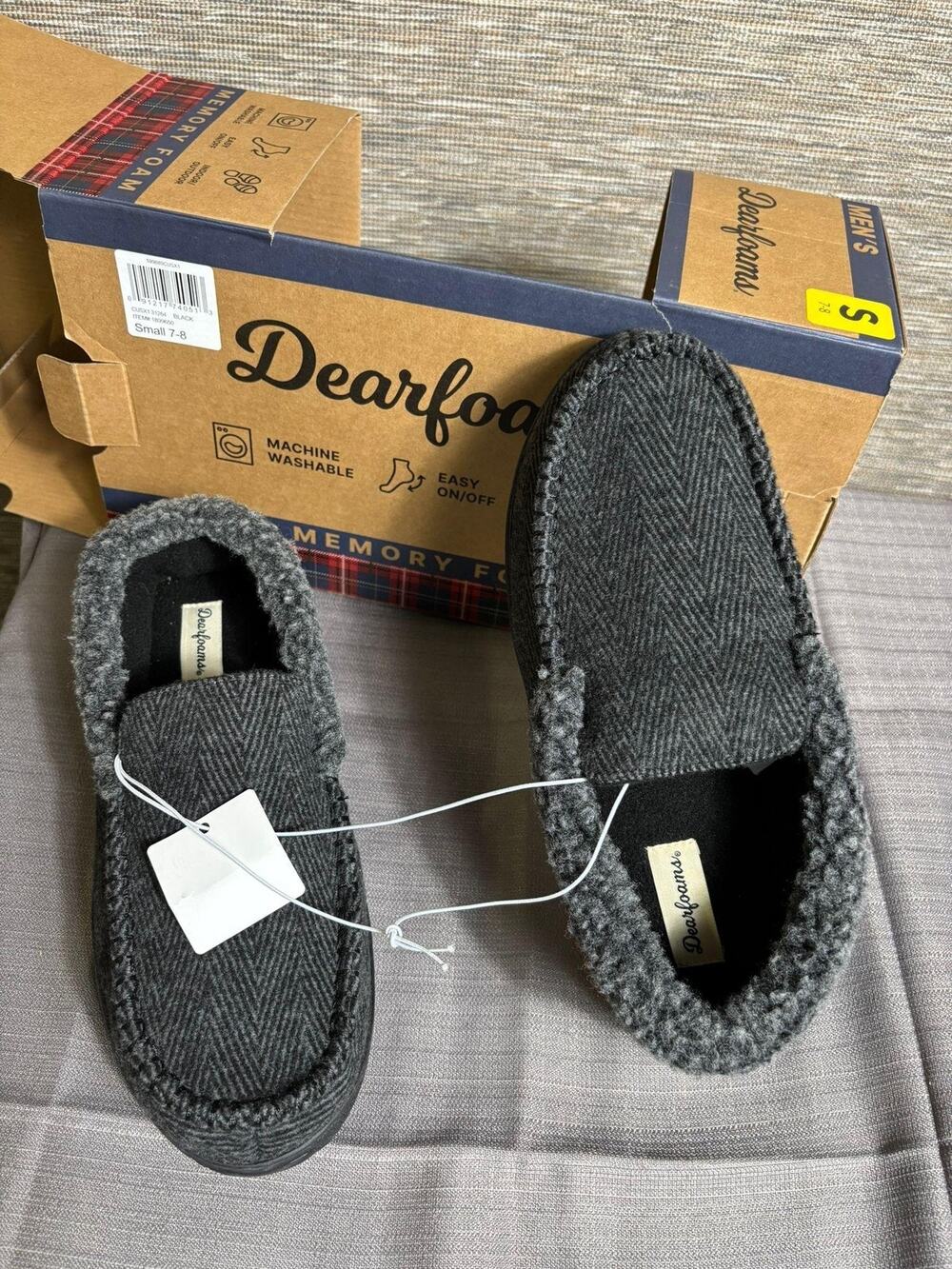 Dearfoams Slippers Shoes Mens Size 7 Black Herringbone Moccasin Memory Foam